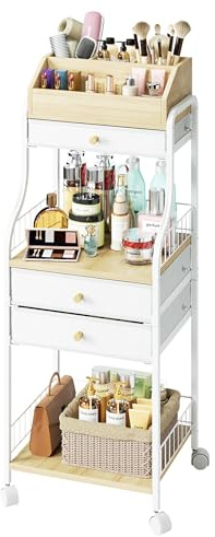 SWTYMIKI Rolling Makeup Organizer Cart - Floor Skincare Storage with Non-woven Drawers, Vanity Organizer Cosmetic Display Cases with Wheels, Cabinet for Skin Care Perfume Nail Polish Brush Hair Tool