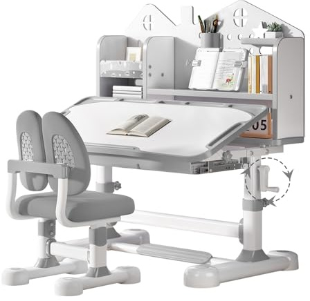 OYOWINGO Kids Desk and Chair Set, Height Adjustable 50° Children School Study Table Chair Set with Reading Rack, Kids Desk with Bookstand and Storage Drawer Widened Desktop for Boy and Girl (Grey)