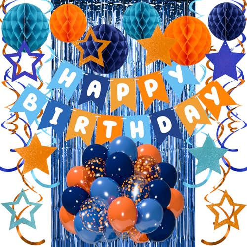 Geburtstags Dekoration Set, Marineblau Orange Geburtstagsdeko für Männer Frauen Jungen Mädchen - Happy Birthday Girlande Wabenball Luftballons Stern Hängende Streamer Vorhang Glitzer