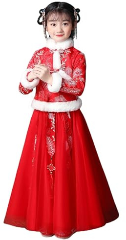 Abiti tradizionali cinesi per ragazze Inverno Capodanno Tang Suit Bambini Collo Alto Moderno Classico Ricamo Cheongsam Cappotto Qipao Gonna 2 Pezzi Vestiti per Felice Anno Nuovo 2026, B, 7-8 Anni