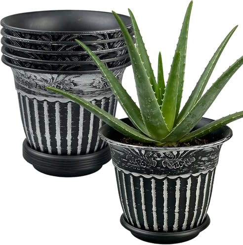 TEYIAN 6Pcs 16.3cm/6.4-in Plastic Plant Pots Indoor Outdoor Vintage Flower Pots Classic European Style Decorative Planters with Drainage Holes and Saucers
