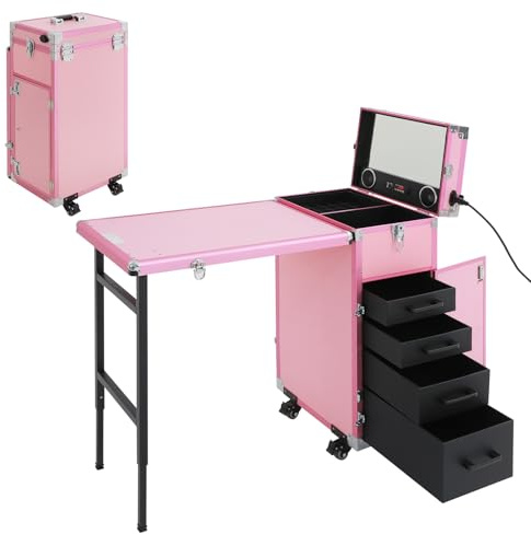 Kosmetikavagn med bord och 4 lådor, vikbart mobilt rullande manikyrbord, professionell nagelväska med 4 hjul, för hemtekniker, spa, skönhetssalong, arbetsplats (rosa)