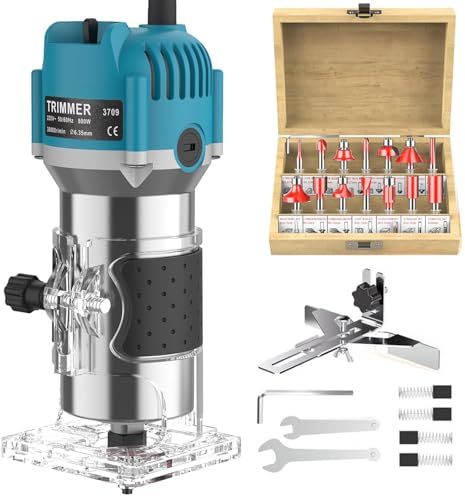 OMUIETIO Palm Router Trimmer - 800W Professional Wood Router with 15pcs 1/4(6.35mm) Router Bits Set, 30,000 RPM Electric Hand Router for Beveling, Grooving, Cutting & Drilling