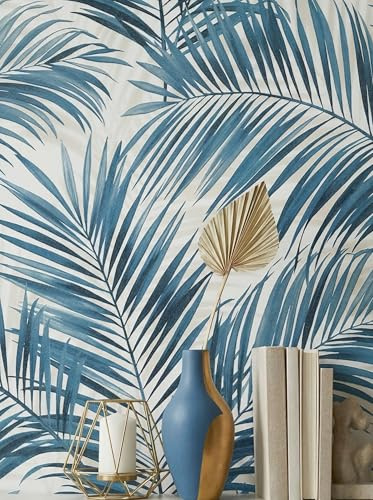 Newroom papier peint intissé bleu pétrole feuilles de palmier boho salon