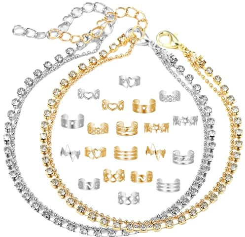 HTTDSLF 22 Pcs Anelli Piedi Donna, Cavigliere DonnaCavigliera Bracciale, Anelli da punta, anelli aperti e regolabili, Estivi Spiaggia Gioielli Piede, Oro e Argento