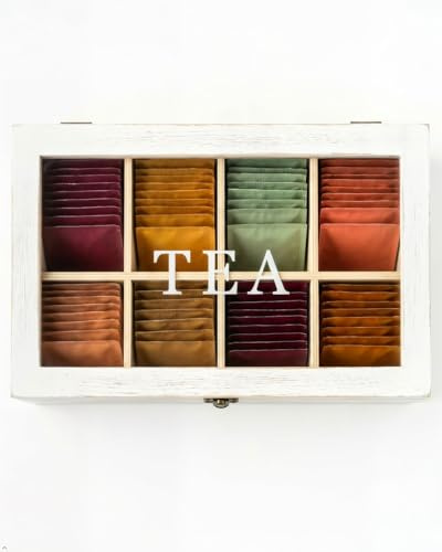 Wooden Tea Storage Box, 8 Compartment Tea Bag Organiser with Hinged Lid, Paulownia Wood Tea Caddy for Kitchen Countertop, Tea Station and Pantry, 32 x 19 x 27 cm