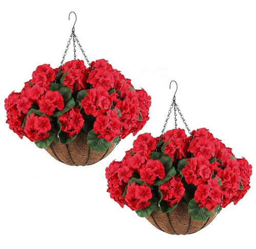 Flores artificiales, paquete de 2 geranios artificiales para exteriores, cesta colgante de flores de geranios rojos con protección UV, seda realista para decoración de porche, patio, jardín (11, 8 pul