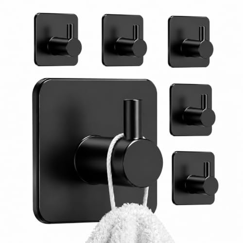 Mujigaga Ganchos Adhesivos para Pared, 6 Piezas, sin Taladro, Para Baño | Acesorios Cuartos de Baño, Negro, Acero Inoxidable, Toalleros de Baño, Para Toalleros, Albornoz, Trapos