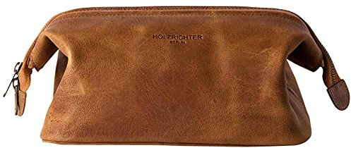 HOLZRICHTER Berlin - Kleine Kulturtasche aus Leder für Damen & Herren (No-5-1), Kulturbeutel 16x24x13cm, Echtleder Kosmetiktasche, Camel