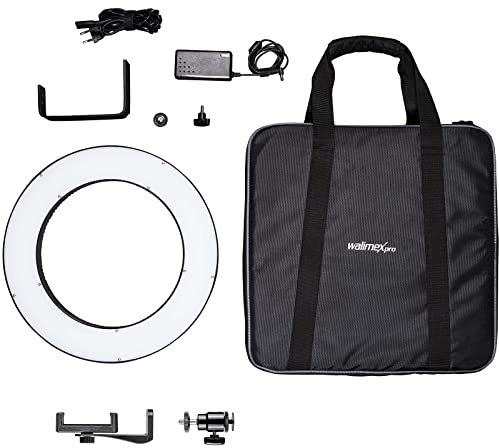 Walimex pro LED Ringleuchte 380 Bi-Color 23 W, leistungsstarkes Ringlicht mit schaltbaren Sektoren, Leuchtring dimmbar, Videoleuchte mit Kamera- und Smartphone-Zubehör