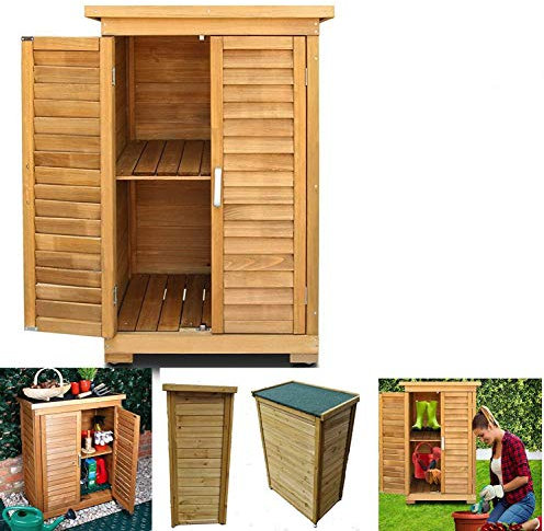 All Weather Wooden Outdoor Garden Lawn Cabinet Tool Shed Cupboard Storage Chest Double Doors with Shelf Hinged Roof Compact Size (Med: 69 x 43 x 96cm)