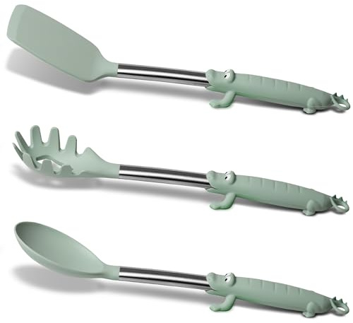 BONE Silicone Kitchen Utensils Set – 3PCS Cooking Tools with Spatula, Spoon, Pasta Server, Cute Character Design, Heat Resistant, Non-Stick, Kitchen Essentials for Home (3-Pack Utensil Set)