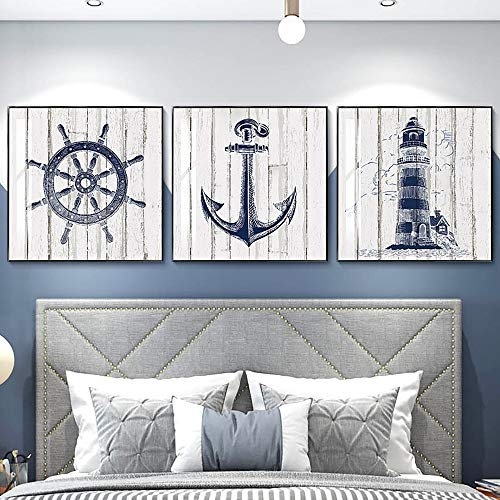 Yinaa Nautische Wandkunst Leinwand Gemälde Navy Bilder Anker Kompass Leuchtturm HD Poster Print Mediterran Boy Room Home Decor 30x40cmx3pcs rahmenlos