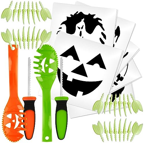 COM-FOUR® Juego de 48 piezas para ahuecar y tallar calabazas para Halloween - con cuchara para calabaza, cuchillo para trinchar, plantillas para tallar y dientes artificiales (48 piezas - con dientes)