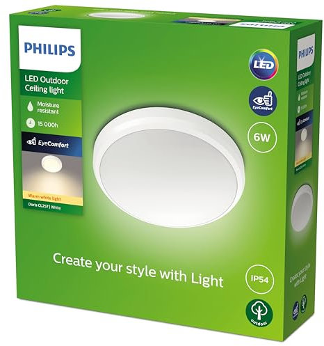 Philips LED Doris Outdoor Ceiling Light 6W [Warm White - White] Water Resistant IP54, For Garden, Patio and Terrace Lighting.