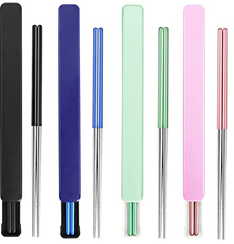 Bacchette portatili SUS304 in acciaio inox con custodia per scuola, campeggio, viaggi, bento box, 20 cm di lunghezza, alternativa al legno (nero+blu+verde+rosa)
