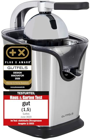 JUICE 3020 Elektrische Zitruspresse - 100W Orangenpresse mit Edelstahl | Saftpresse inkl. 2 Presskegel für Zitronen & Grapefruits, Edelstahlfilter, Tropfstopp-Auslauf und rutschfeste Saugnäpfe