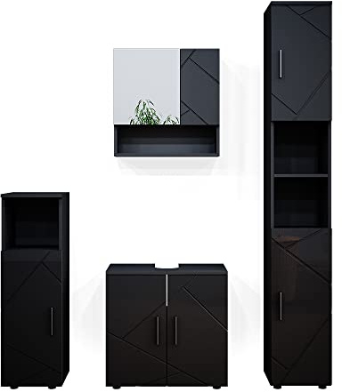 Vicco Badmöbel-Set Irma, Anthrazit Hochglanz, 80 cm | besteht aus Waschbeckenunterschrank, Spiegelschrank, Hochschrank und Midischrank