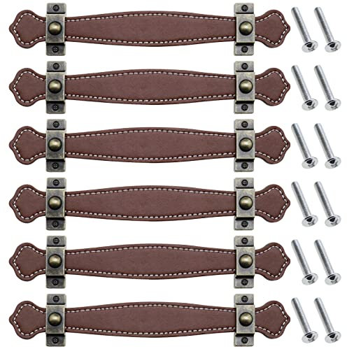 6 Stücke Ledergriffe Türgriff Schrankgriff mit 12 Stücke Schrauben Griffe für Möbel Schrank Kommode Küche Bad 195mm Braun