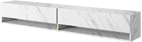 Selsey Mobile TV Sospeso Con 2 Ante 2 Cassetti Mobile Porta TV Per Soggiorno Camera Da Letto 200 cm Marmo Bianco Con Inserto Dorato Mirrgo