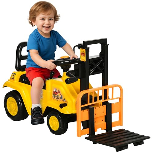 HOMCOM Kids Ride on Forklift Truck w/Fork and Tray, Ride On Tractor w/Under Seat Storage, Treaded Wheels, No Power Design, for 3-4 Years Old