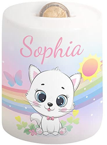 Süße Kinder Spardose mit Namen – Sparschwein für Mädchen & Jungen - Regenbogen-Motiv - personalisiertes Geschenk zur Einschulung, Geburt, Taufe, Geburtstag, Weihnachten - Geldgeschenk (Katze weiß)