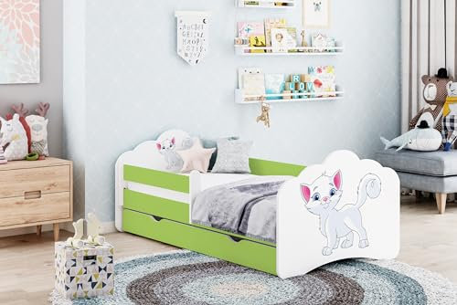 Happy Babies MOBI - Kinderbett 160 x 80 | Bett mit Rausfallschutz & Bettkasten | Jugendbett mit farbigem Aufkleber | Kinderbett mit Matratze 80x160 | Kinder-Bett für Mädchen & Jungen Grün (M08)