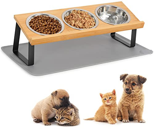 Cinnani Ciotola per cani o gatti, altezza 10 cm, 350 ml per cibo, separazione a secco e naso, mensola in bambù, ciotola per cibo secco, ciotola per acqua, con set da tavola