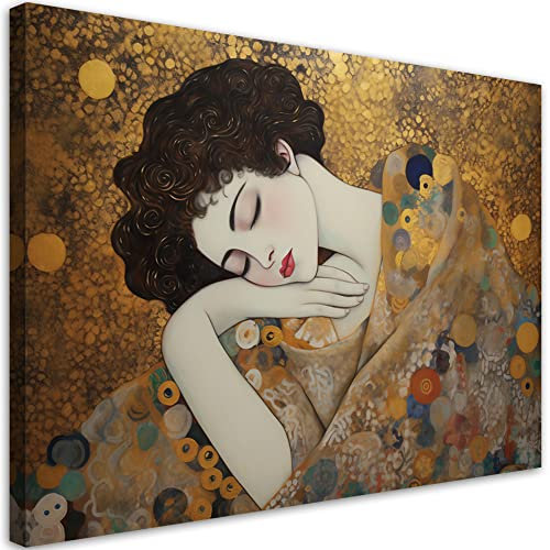 Feeby Bild Auf Leinwand Frau Gustav Klimt 60x40 cm 1 tlg Modern Leinwandbilder Bild auf Leinwand Kunstdruck Wand Bild Wanddeko Design Schlafzimmer Büro Flur Hotel Spa Wohnzimmer Jugendstil Hand Gold
