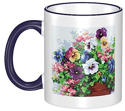 Keramik-Kaffeetasse mit Stiefmütterchen-Blumen-Druck, Kaffeetasse für Damen und Herren, 326 ml, Teetassen für Büro und Zuhause