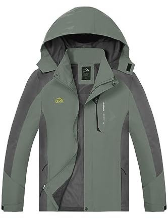 TEZO Mens Rain Jacket Waterproof Hiking Coat Windproof Mountain Jacket Lightweight Windbreaker with Hooded(AG/GY M)