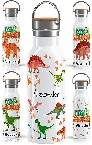 OWLBOOK Jurassic Trinkflasche personalisiert Kinder Dino - Edelstahl mit Bambusdeckel - Thermosflasche 600 ml BPA frei Auslaufsicher - Kinder Trinkflasche mit Dinosaurier für Schule Kindergarten