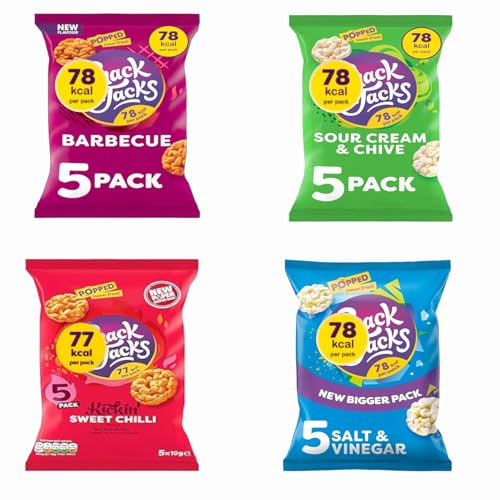 Snack a Jacks Variety Bundle - 4 Delicious Flavours - Sour Cream, Sweet Chilli, BBQ, Salt & Vinegar - 20 x 19g Bags Total - Tasty Low Rice Cakes