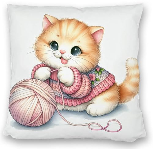 speecheese Katzenbaby mit Wollknäuel Kissen satiniert Süßes KatzenKissen satiniert Niedliche Katze spielt mit Wollknäuel Haustier DekoKissen satiniert für Katzenliebhaber