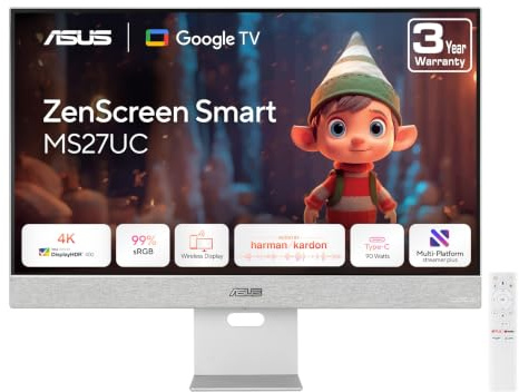 ASUS ZenScreen 68,6 cm (27 pollici) 4K USB-C Smart Monitor (MS27UC) - UHD (3840 x 2160) IPS, 99% sRGB, Google TV, Harman Kardon, altoparlante USB-C 90W PD, hub USB, display wireless, Netflix e