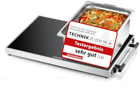 ROMMELSBACHER Warmhalteplatte WPR 407/E - Gastro, Edelstahl, Sicherheits-Floatglas, stufenlos regelbar 40-105 °C, Fläche 61 x 41 cm, für Behälter 1/1 GN Format, Ein-/Ausschalter, Made in Germany