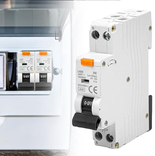 30mA FI/LS-Schalter, Fehlerstromschutzschalter, 6kA 1P+N Typ A B16/0,03 30mA FI-Schalter mit RCBO 16Amp Nennstrom RCD-geschützter Leistungsschalter, 230V, Typ A, DIN-Schienen-Montage, Kurve B (B16)