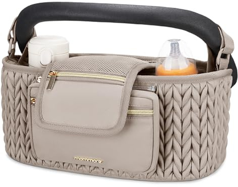 mommore Stroller Organizer with Insulated Cup Holders, Adjustable Stroller Caddy with Detachable Phone Bag, Stroller Accessories Fits for Uppababy, Doona, Jogger, Britax(Light Cafe)