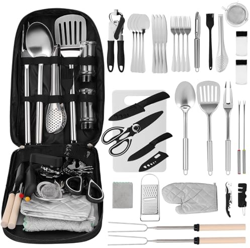 Camping Cooking Utensils Set, Kitchen Utensils Organizer Travel Set, 36Pcs Camping Accessories Set for Outdoor Hiking Picnic Trekking BBQ with Cutlery, Seasoning Bottle, Storage Bag,Bottle Opener