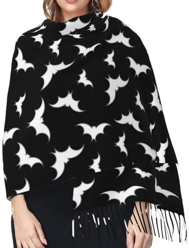 Damenschal, Fledermaus-Schal, schwarz, weiß, modisch, Winter, warm, Kaschmirschal, Fransenschal, Schwarz , Einheitsgröße