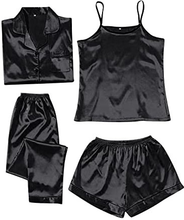Mein Amazon Bestellungen，Satin Pyjama Damen Kurz 4 Teiliges Kurzarm Schlafanzug Nachtwäsche Cami Und Shorts Set Silk Pjs Sets Kuschel Pijamas Set Elegant Damenschlafanzug Loungewear Hausanzug