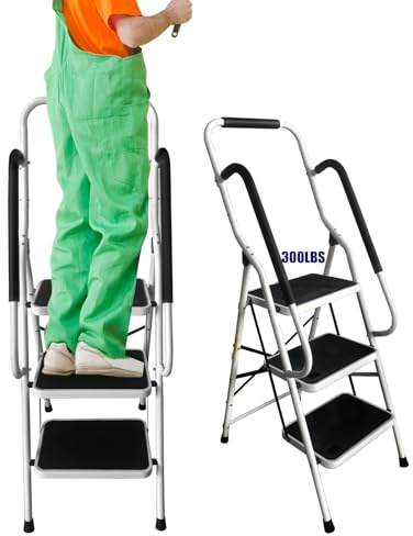 Leiter 3 Stufen,Trittleiter 3 Stufen klappbar,Klappleiter mit Haltegriff, Leiter mit Anti-Rutsch-Stufen, einfach zu verstauen, bis 150 kg belastbar für Malerarbeiten & Reinigung
