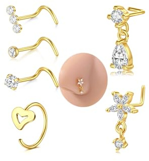 VFUN 20G Dangle Nose Ring L Shaped Dangling Nose Stud for Women Stainless Steel Nose Ring Studs Cz Flower Dangle Nose Rings Hoops Nose Piercing Jewelry