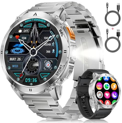 LIGE Militär Smartwatch Herren mit LED-Licht,1,62 AMOLED HD Smartwatch mit Telefonfunktion,Fitnessuhr,Silbernes Uhr mit 110+ Sportmodi,Herz-/Schlaftracking,IP68 wasserdicht sportuhr für iOS/Android