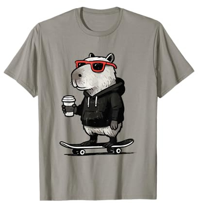 Coole Capybara auf Skateboard mit Kaffee-Lustigem Skater-Kapy T-Shirt