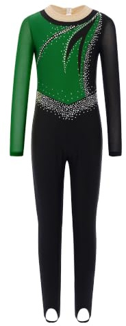 Nyeemya Turnanzug Mädchen Langarm Ganzkörper Voltigieranzug Lang Kinder Strass Glitzer Tanzoverall Farbblock Patchwork Jumpsuit Tanzanzug Leotard Dancewear