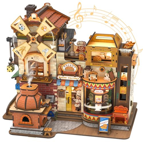 CUTEBEE Puzzle 3D Legno Bread Factory – Modellismo da Costruire Adulti con Luci LED, Musica e Meccanismi Rotanti, Kit 576 pezzi, Miniature da Costruire, Decorazione per Libreria, Regalo Creativo
