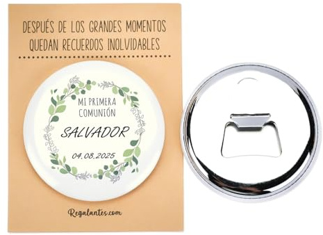 Pack de 12 Chapas abrebotellas personalizadas con imán, 58 mm, Envoltorio opcional, Detalles comunión, Detalles invitados Comunión, Detalles personalizados Comunión, Regalantes (Modelo Arco Ramas)