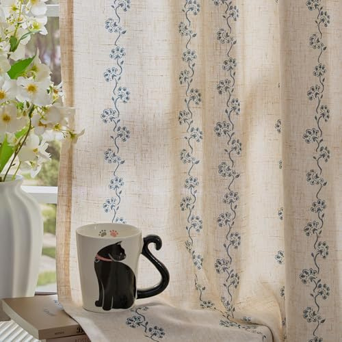 Lazzzy Cathy Blue Linen Floral Curtains 84 inches Long Semi Sheer Drapes 2 Panels for Living Room Bedroom Privacy Light Filtering Curtains Rod Pocket Back Tab 50x84 Blue on Linen