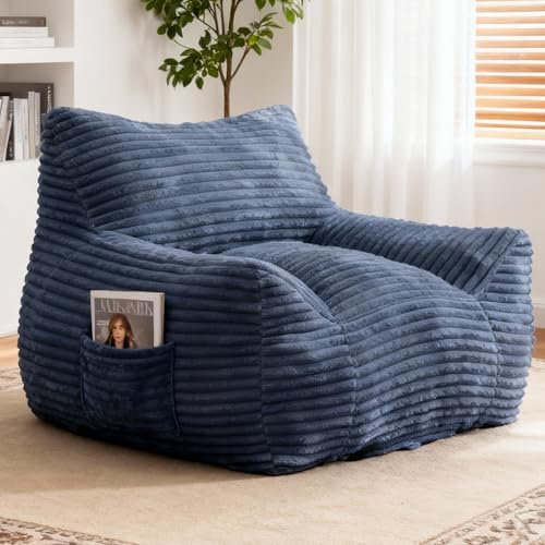 Bean Bag Chair for Adults & Kids, Giant Bean Bag Sofa with Side Pocket, Corduroy Beanbag Chair with Armrests, Comfy Stuffed Floor Sofa for Living Room Bedroom Dorm, Blue